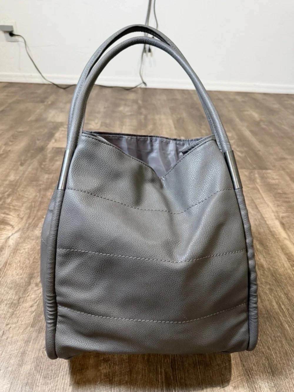 Neiman Marcus Dark Gray Faux Leather Shopper purse hand Tote Bag Travel Beach